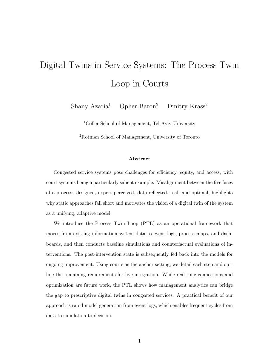 First page of Digital Twins in Service Systems: The Process Twin Loop in Courts