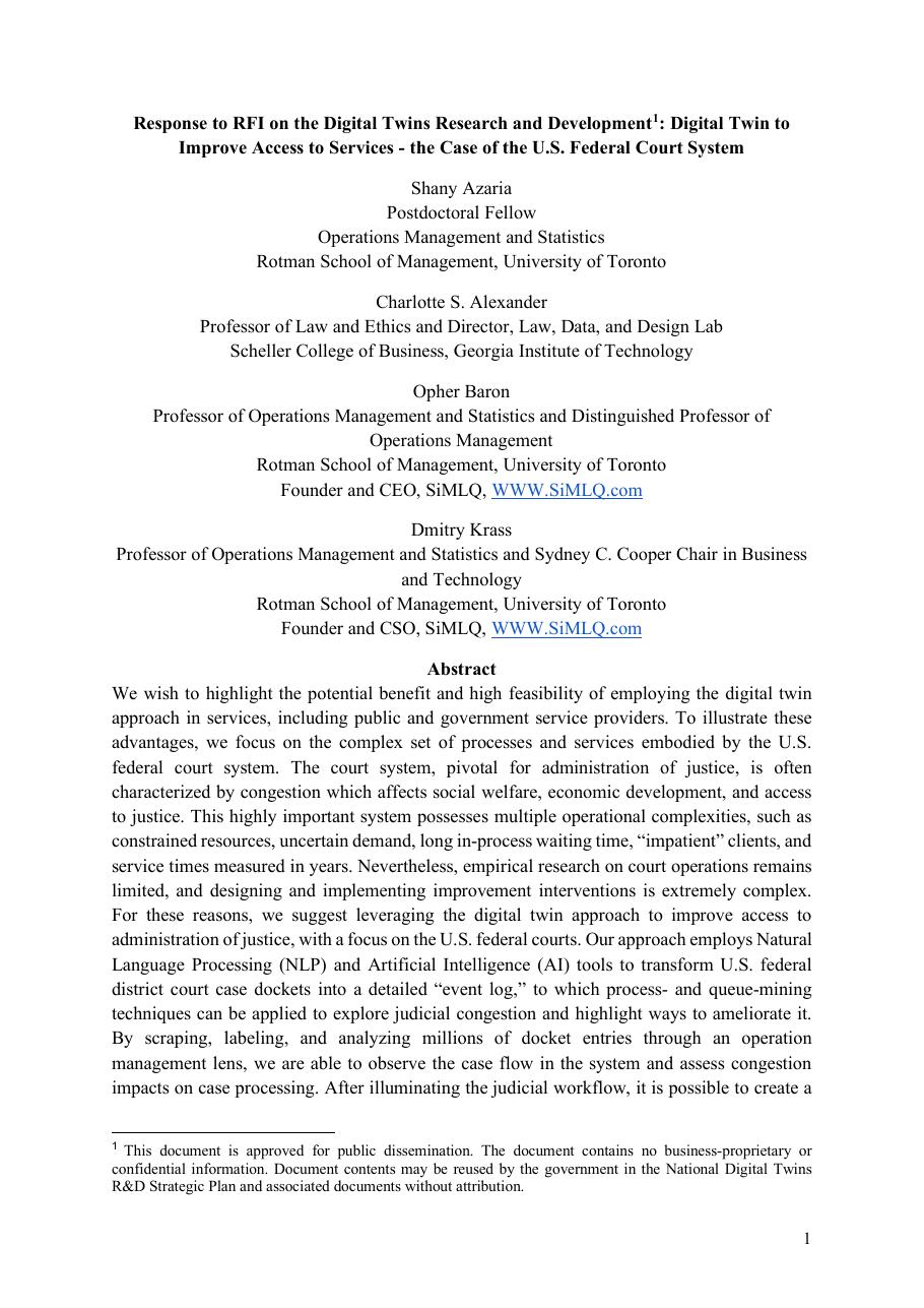First page of the Response to RFI on Digital Twins Research and Development