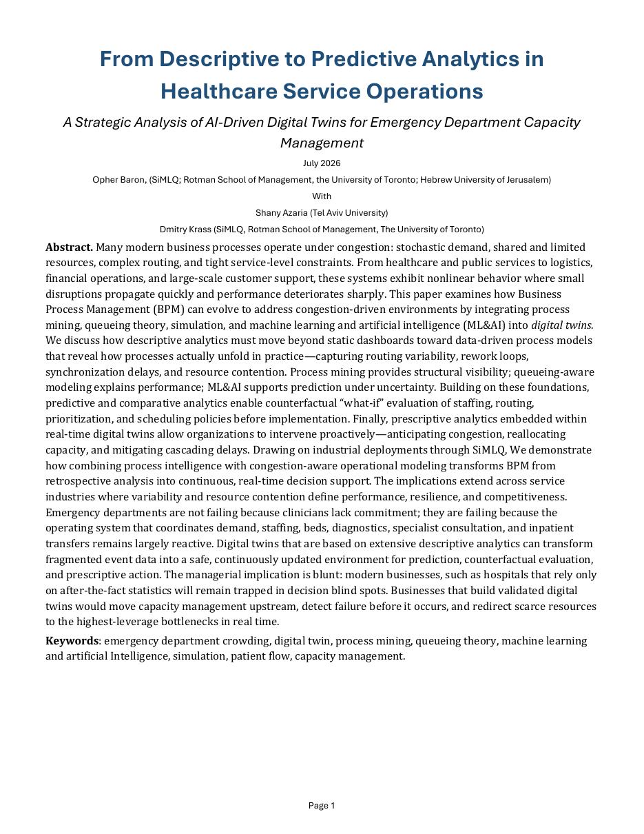 First page of the paper From Descriptive to Predictive Analytics in Healthcare Service Operations